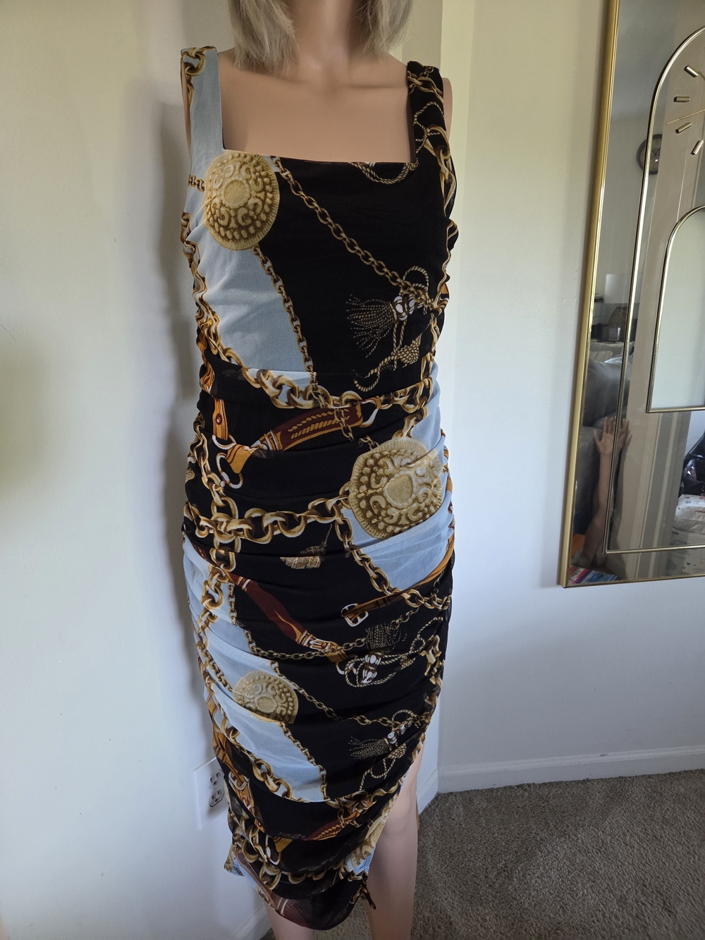 Fashion Nova Womens Black & Gold Chain-Print Square Neck Midi Dress Size Large